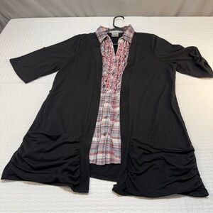 Black Open Front Cardigan with Plaid Inner Layer